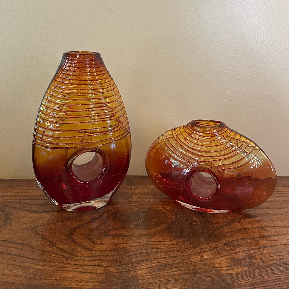 Vintage MCM Hand Blown Amberina Art Glass Donut Hole Vase Set Margie's Style